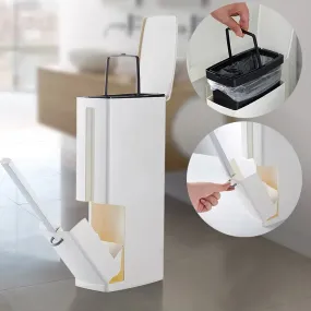 7689 Slim Plastic Trash Can Toilet Bowl Brush Small Garbage Can with Lid Toilet Brush with Holder Set for Bathroom