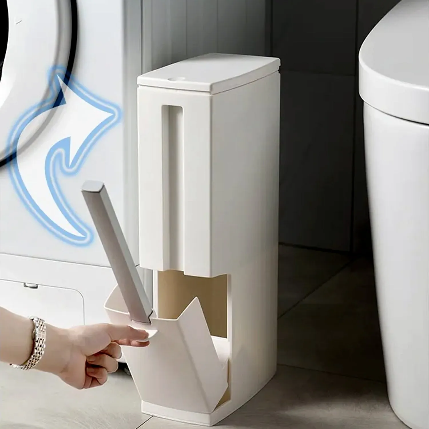 7689 Slim Plastic Trash Can Toilet Bowl Brush Small Garbage Can with Lid Toilet Brush with Holder Set for Bathroom