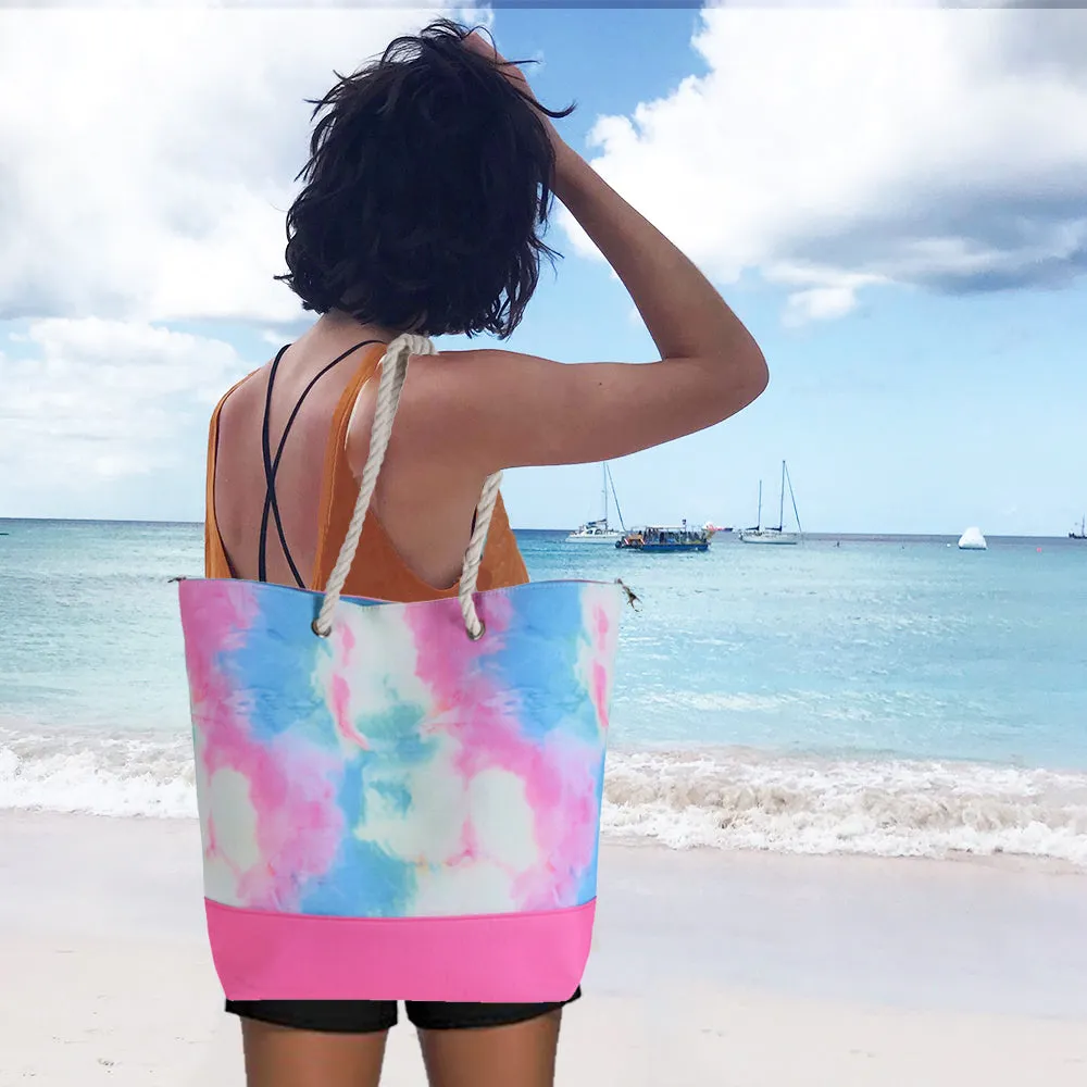 Beach Bag with Rope Handles and Magnetic Seal - Tie Dye Design