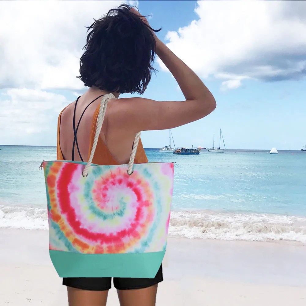 Beach Bag with Rope Handles and Magnetic Seal - Tie Dye Design