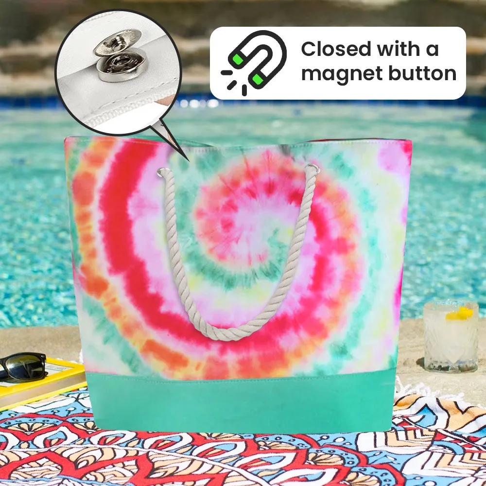 Beach Bag with Rope Handles and Magnetic Seal - Tie Dye Design