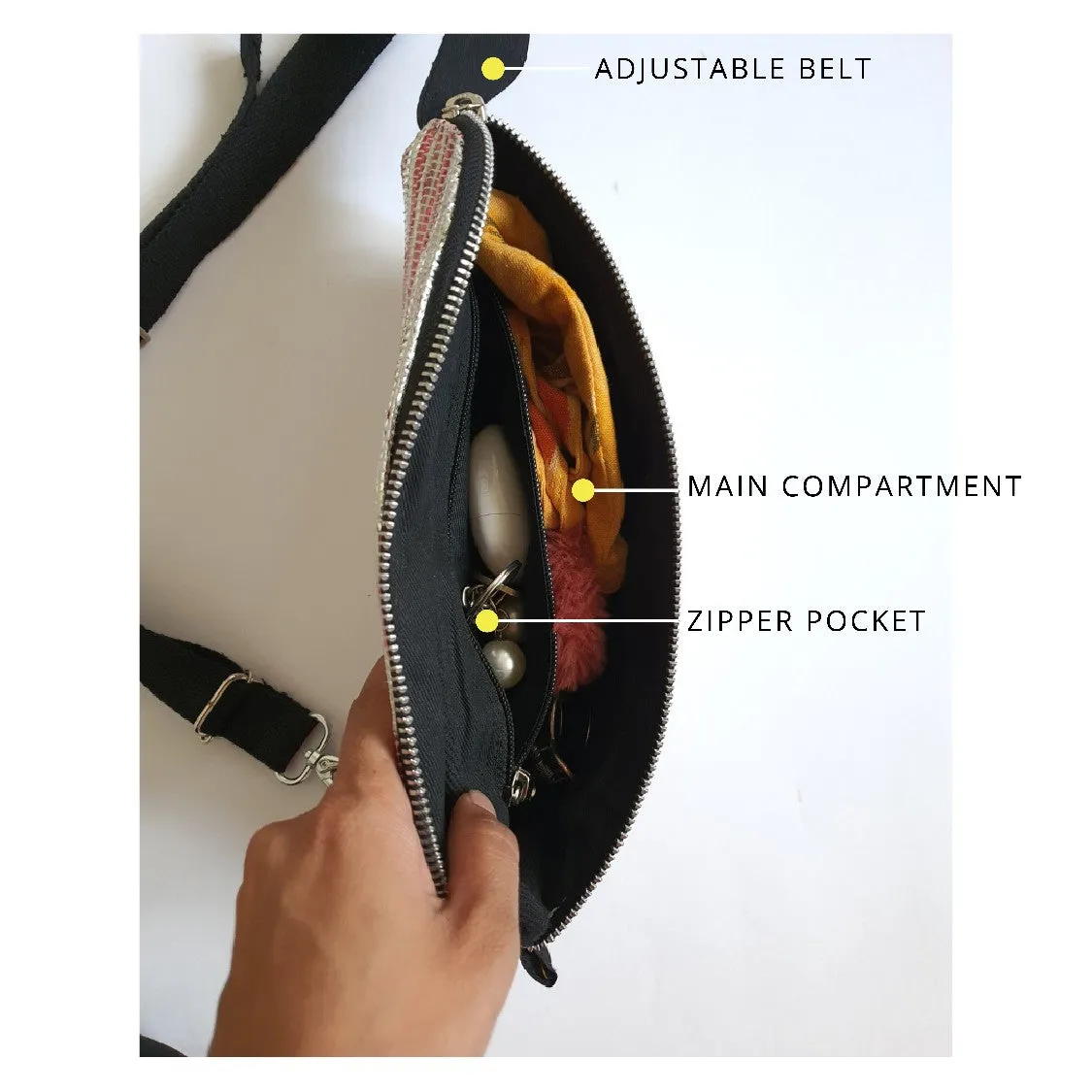 Black White and Red Striped Upcycled Handwoven Fanny Pack (FP0624-002) MS_W