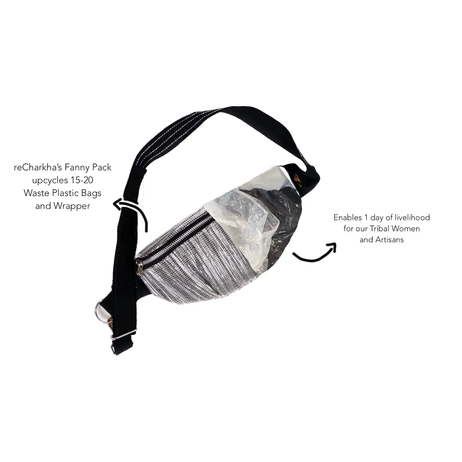 Black White and Red Striped Upcycled Handwoven Fanny Pack (FP0624-002) MS_W
