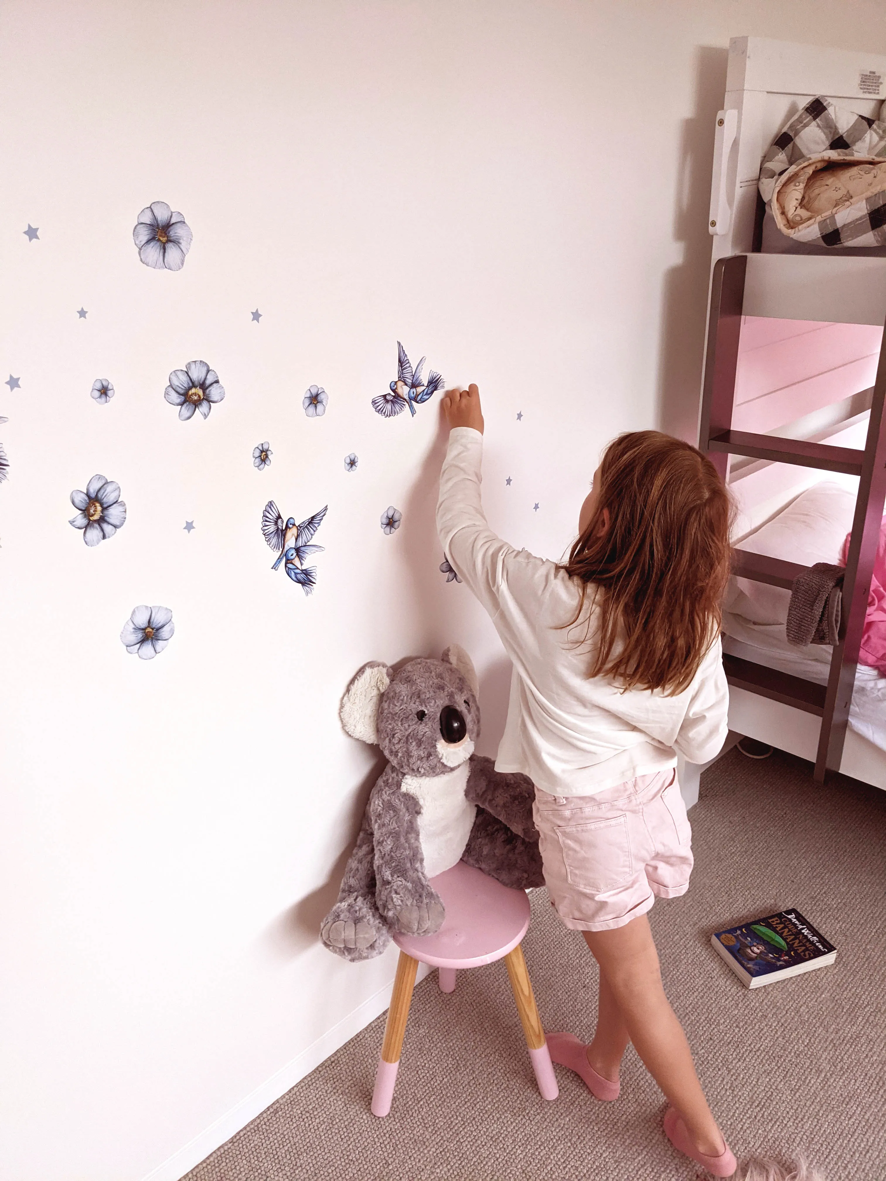 Blue Blooms Australian Design Hand Painted Peel & Stick, Removable Wall Decal. Nursery, Kids Playroom, Kids Teens Bedroom
