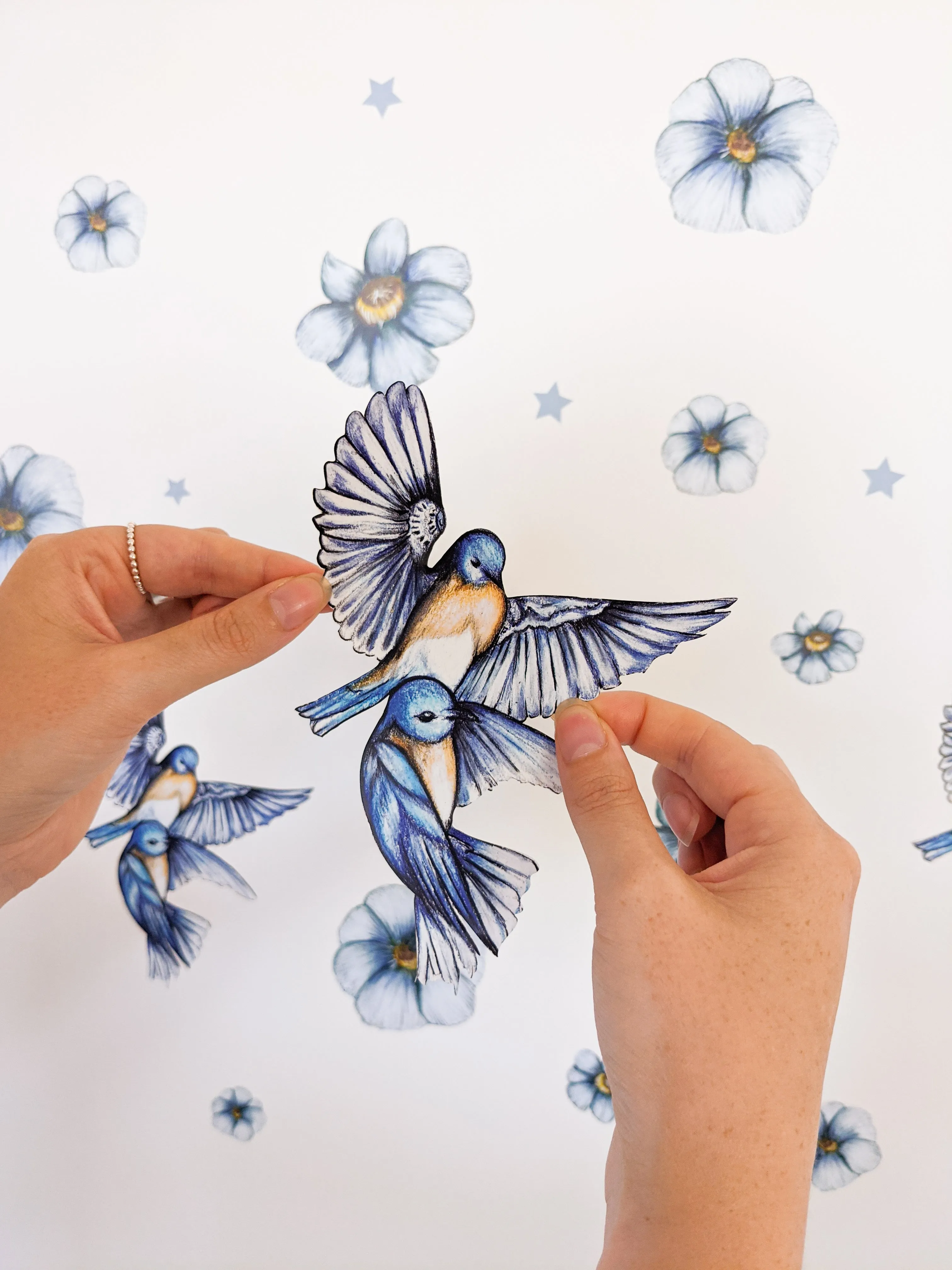 Blue Blooms Australian Design Hand Painted Peel & Stick, Removable Wall Decal. Nursery, Kids Playroom, Kids Teens Bedroom