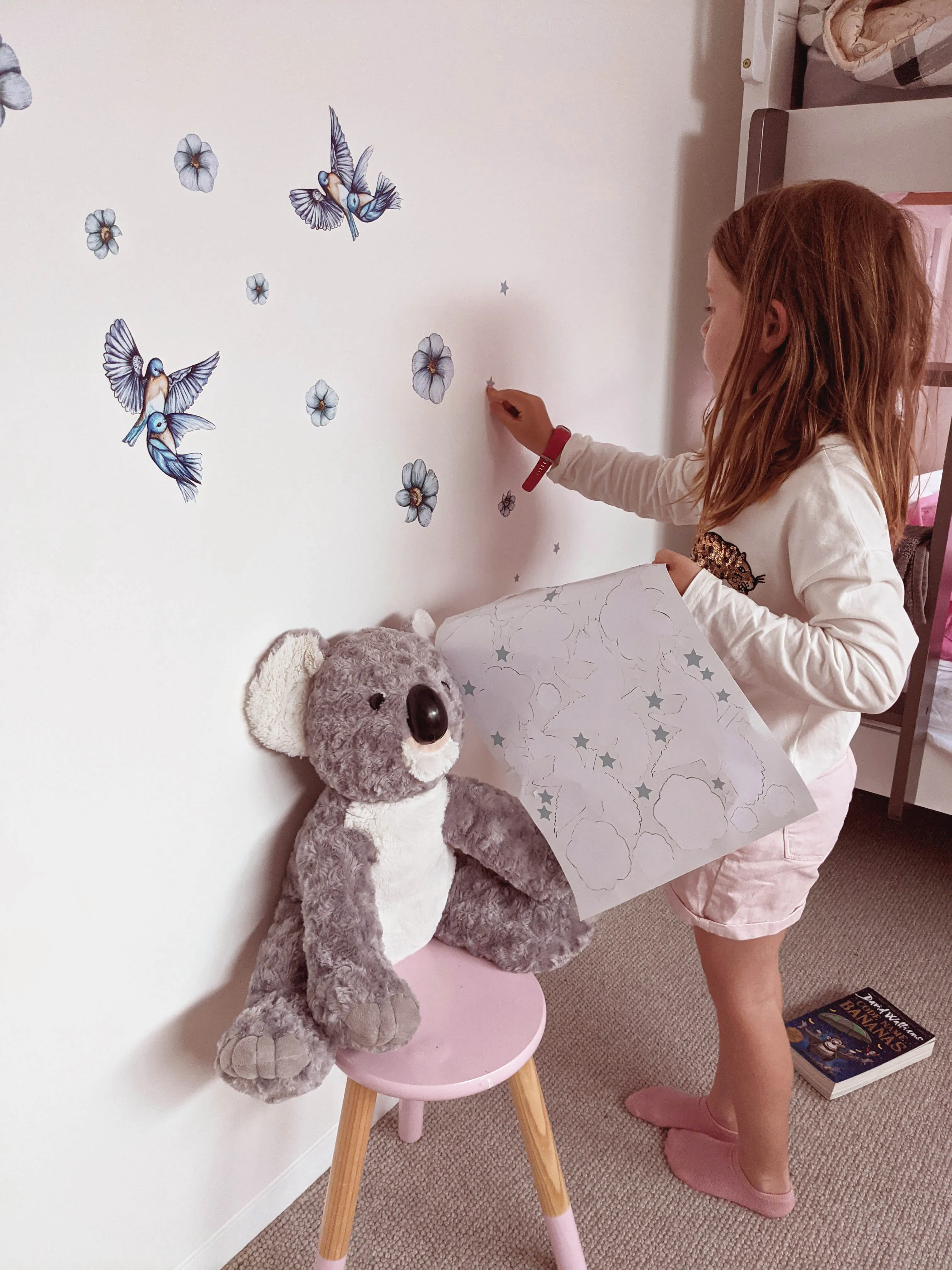 Blue Blooms Australian Design Hand Painted Peel & Stick, Removable Wall Decal. Nursery, Kids Playroom, Kids Teens Bedroom