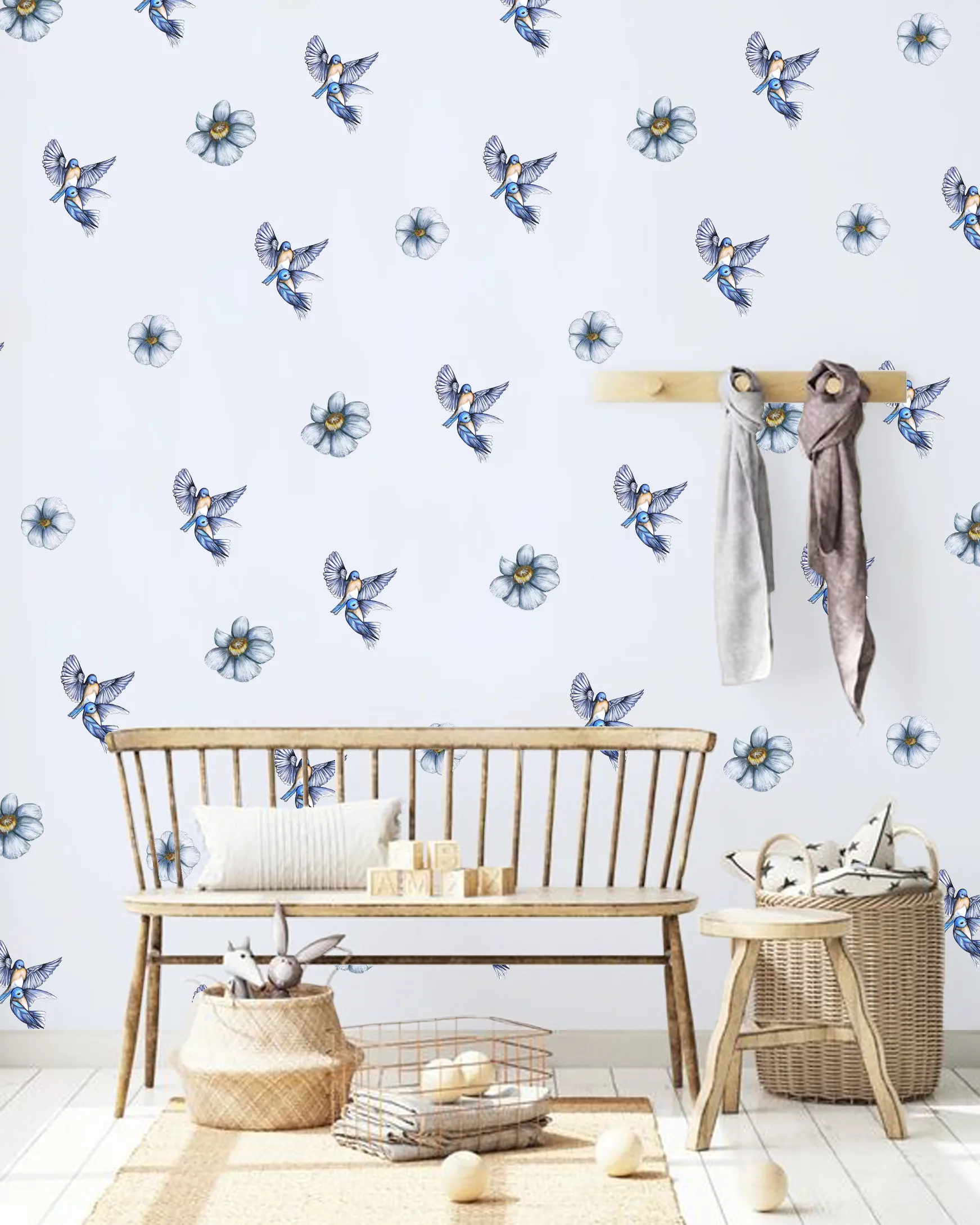 Blue Blooms Australian Design Hand Painted Peel & Stick, Removable Wall Decal. Nursery, Kids Playroom, Kids Teens Bedroom