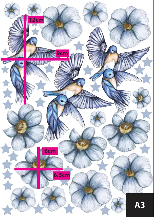 Blue Blooms Australian Design Hand Painted Peel & Stick, Removable Wall Decal. Nursery, Kids Playroom, Kids Teens Bedroom