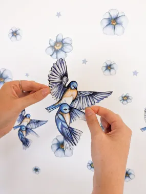 Blue Blooms Australian Design Hand Painted Peel & Stick, Removable Wall Decal. Nursery, Kids Playroom, Kids Teens Bedroom