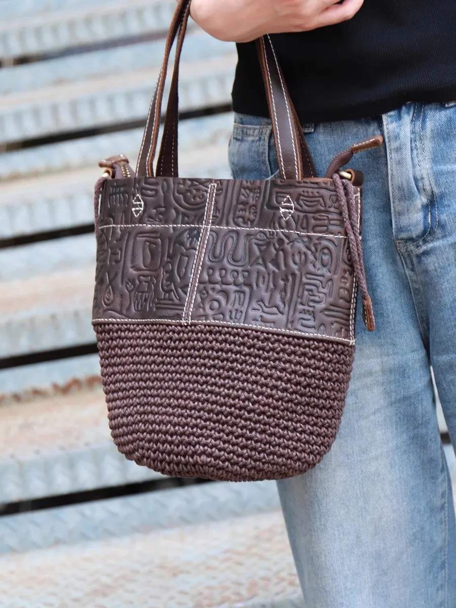 Boho Women's Small Crossbody Purse Woven Linen And Leather Bucket Handbags
