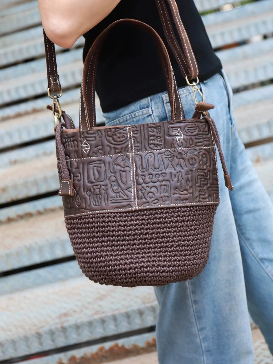 Boho Women's Small Crossbody Purse Woven Linen And Leather Bucket Handbags