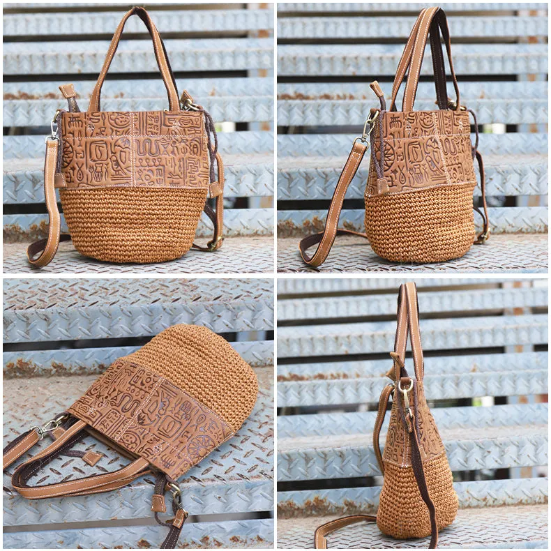 Boho Women's Small Crossbody Purse Woven Linen And Leather Bucket Handbags