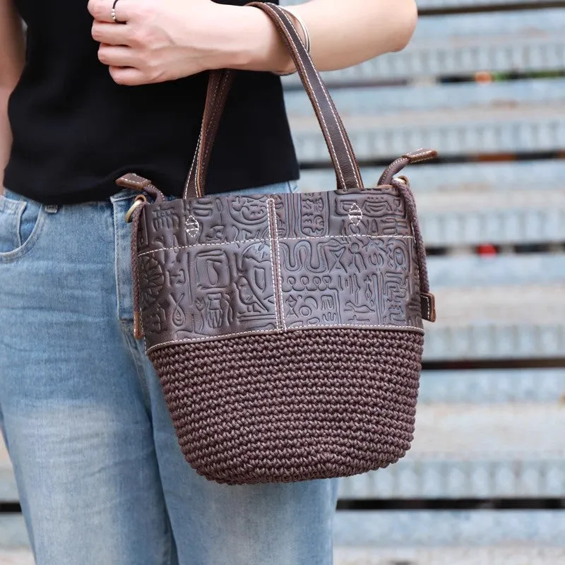 Boho Women's Small Crossbody Purse Woven Linen And Leather Bucket Handbags