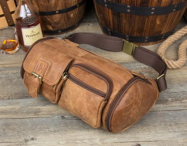 Brown Leather Barrel Fanny Pack Mens 8 inches Waist Bag Hip Pack Belt Bags Bumbags for Men