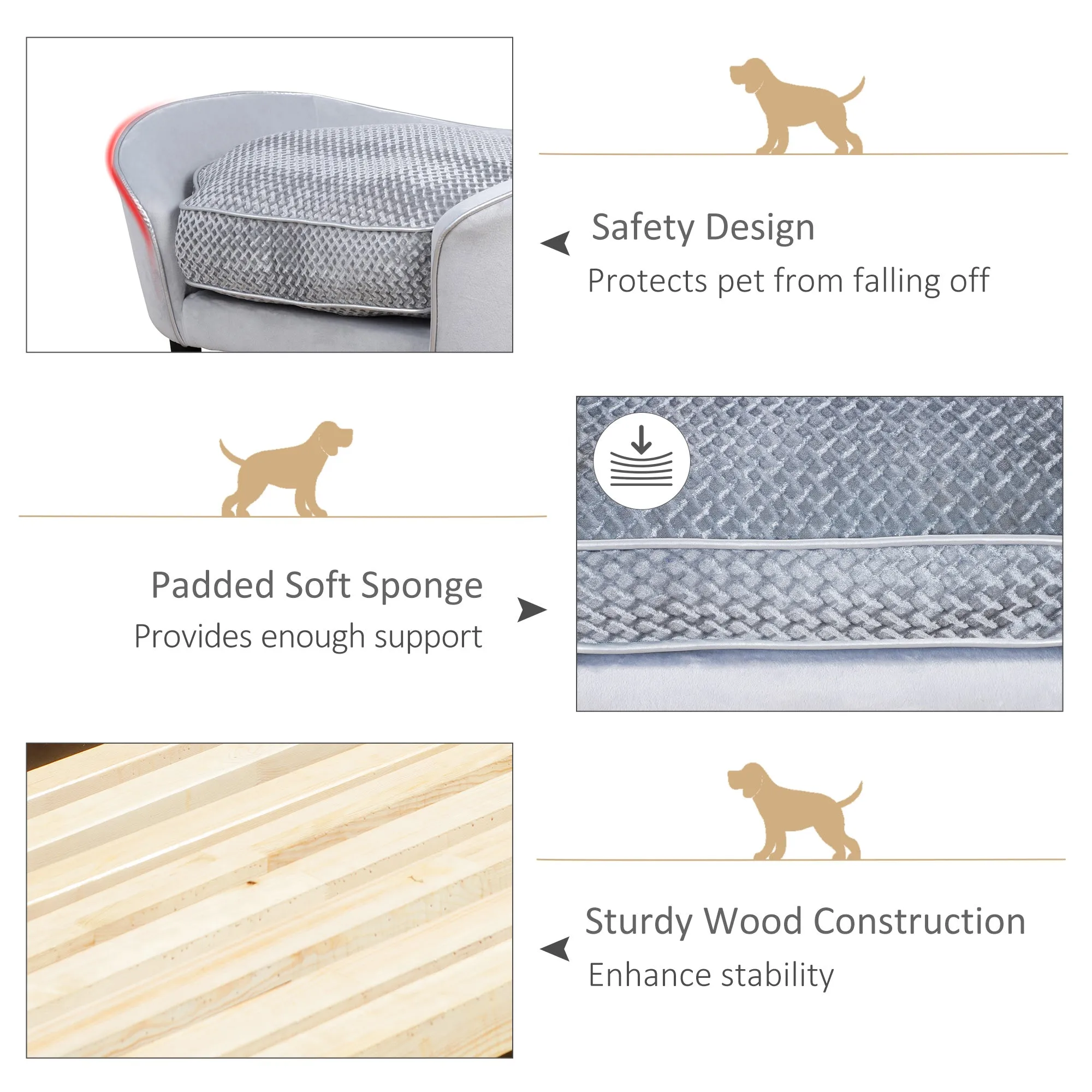Dog Sofa for XS and S-Size Dogs, Pet Couch with Thick Sponge Padded Cushion, Cat Lounge Bed with Washable Cover, Wooden Frame