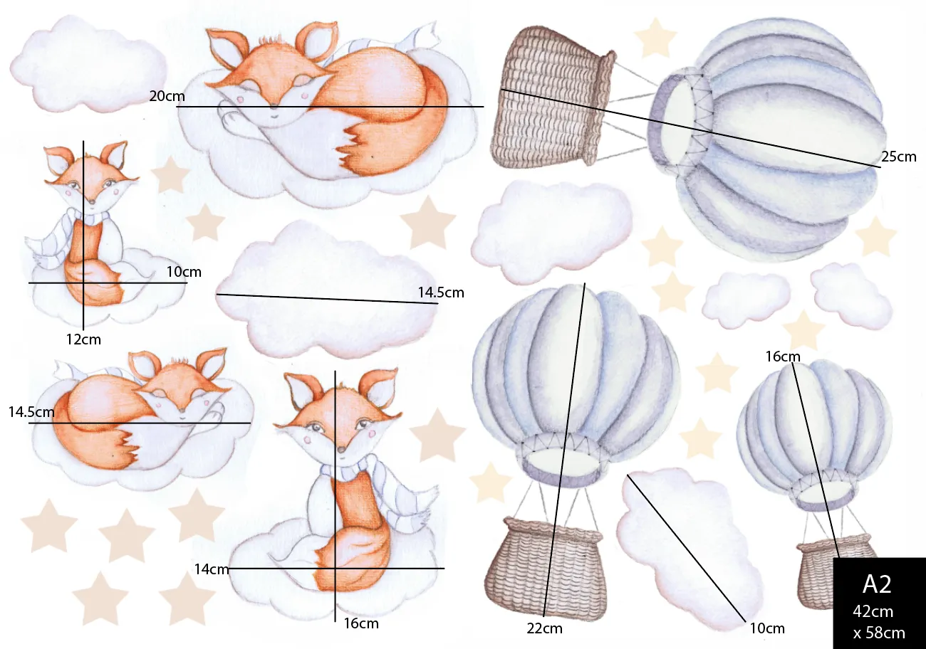 Dreamy Foxes Australian Design Hand Painted Peel & Stick, Removable Wall Decal. Nursery, Kids Playroom, Kids Teens Bedroom