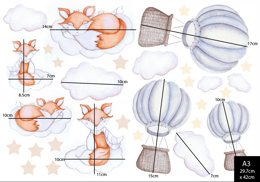 Dreamy Foxes Australian Design Hand Painted Peel & Stick, Removable Wall Decal. Nursery, Kids Playroom, Kids Teens Bedroom