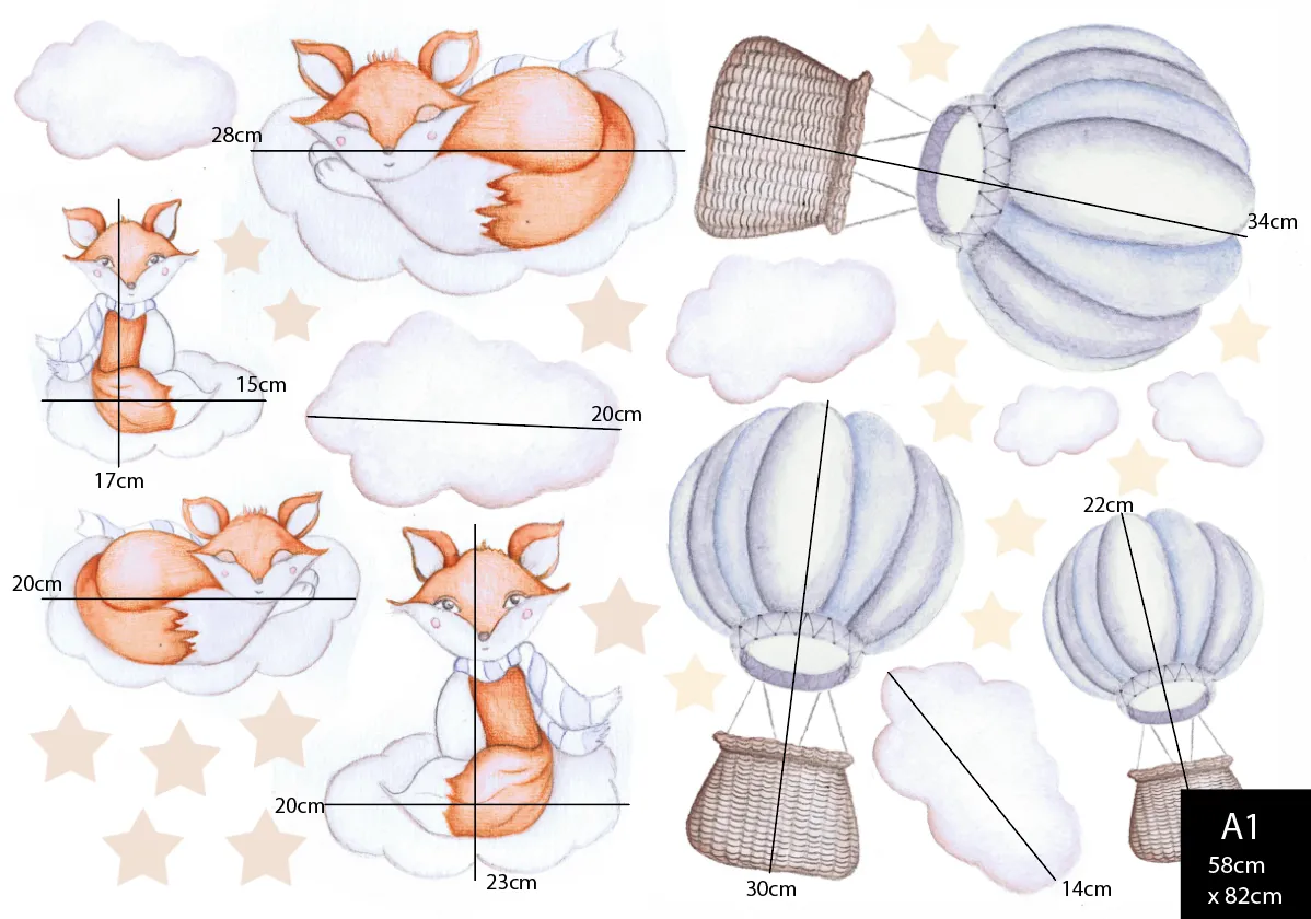 Dreamy Foxes Australian Design Hand Painted Peel & Stick, Removable Wall Decal. Nursery, Kids Playroom, Kids Teens Bedroom