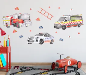 Emergency Vehicles Australian Design Hand Painted Peel & Stick, Removable Wall Decal. Nursery, Kids Playroom, Kids Teens Bedroom