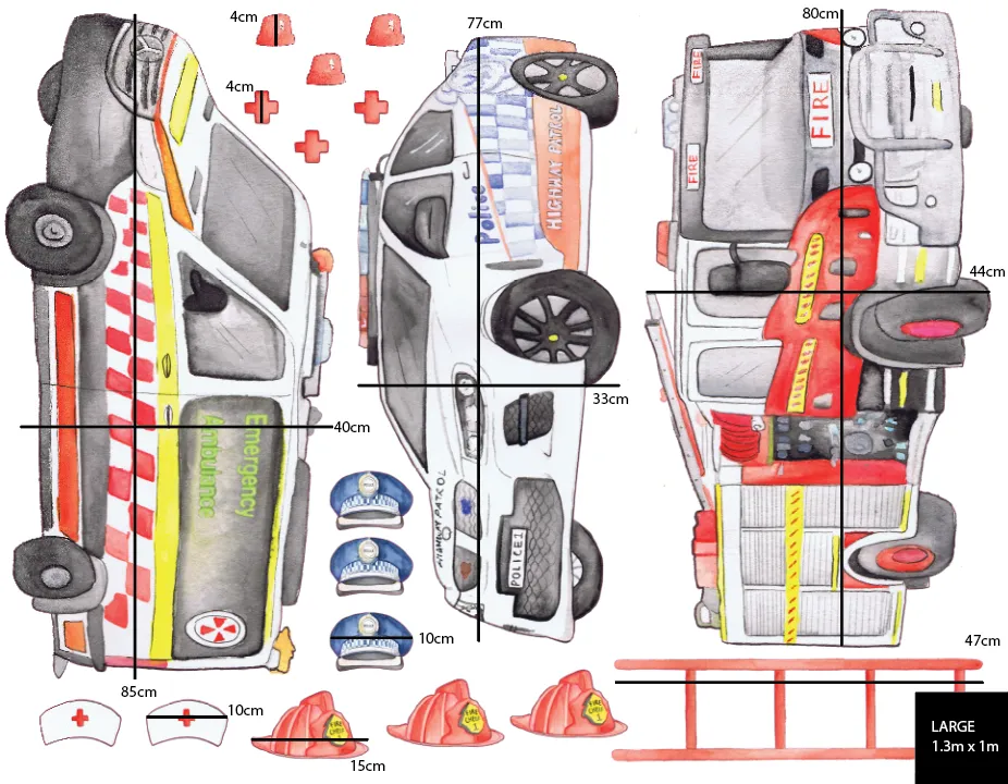 Emergency Vehicles Australian Design Hand Painted Peel & Stick, Removable Wall Decal. Nursery, Kids Playroom, Kids Teens Bedroom