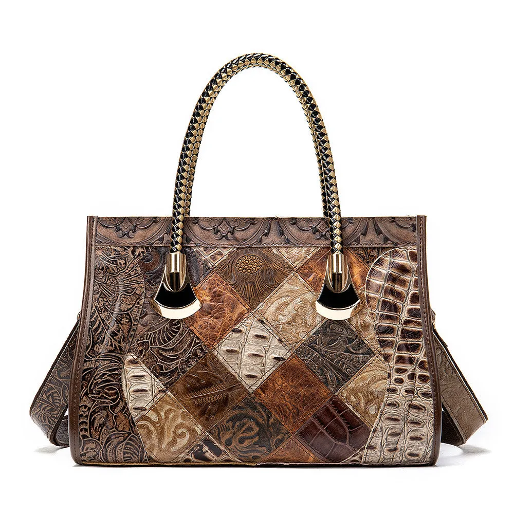 Ethnic Style Womens Spliced Leather Leather Satchel Handbags Cross Over Shoulder Purse