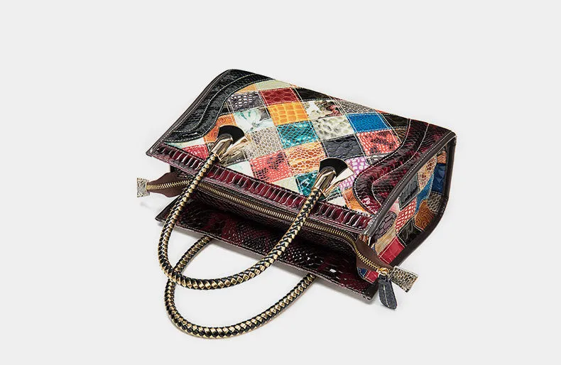 Ethnic Style Womens Spliced Leather Leather Satchel Handbags Cross Over Shoulder Purse