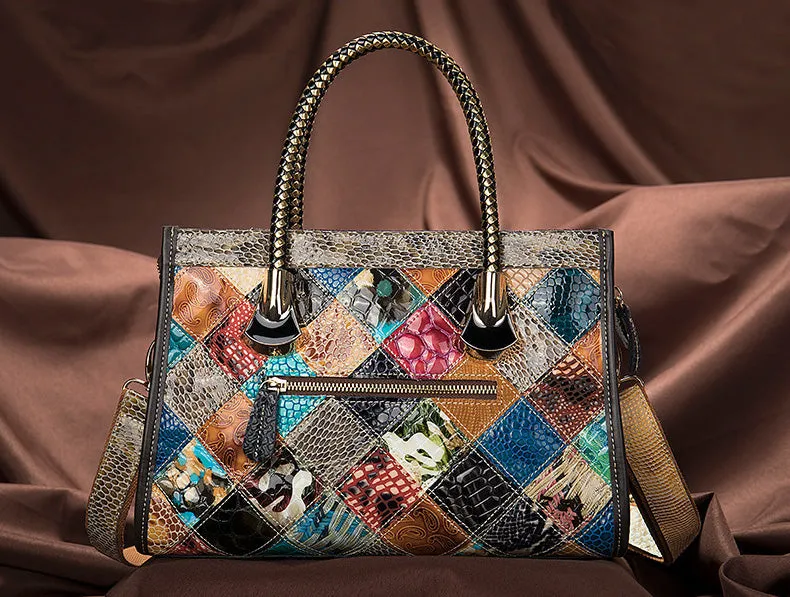Ethnic Style Womens Spliced Leather Leather Satchel Handbags Cross Over Shoulder Purse