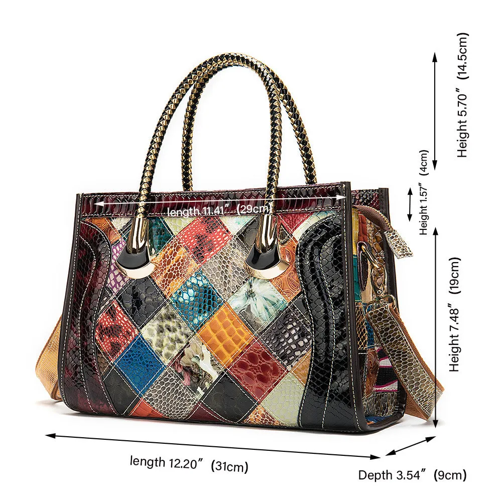 Ethnic Style Womens Spliced Leather Leather Satchel Handbags Cross Over Shoulder Purse
