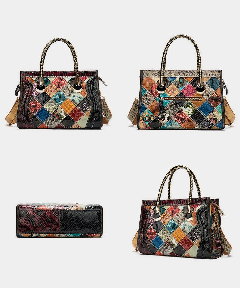 Ethnic Style Womens Spliced Leather Leather Satchel Handbags Cross Over Shoulder Purse