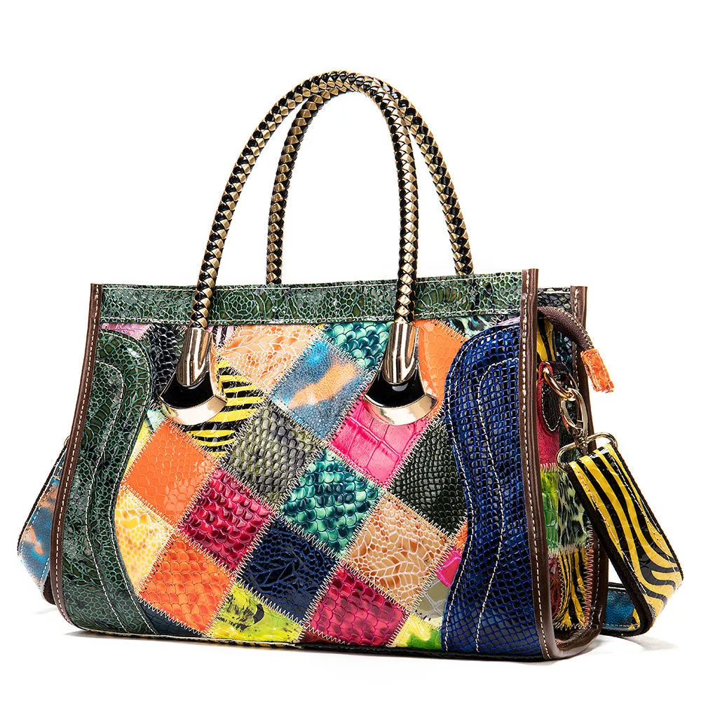 Ethnic Style Womens Spliced Leather Leather Satchel Handbags Cross Over Shoulder Purse