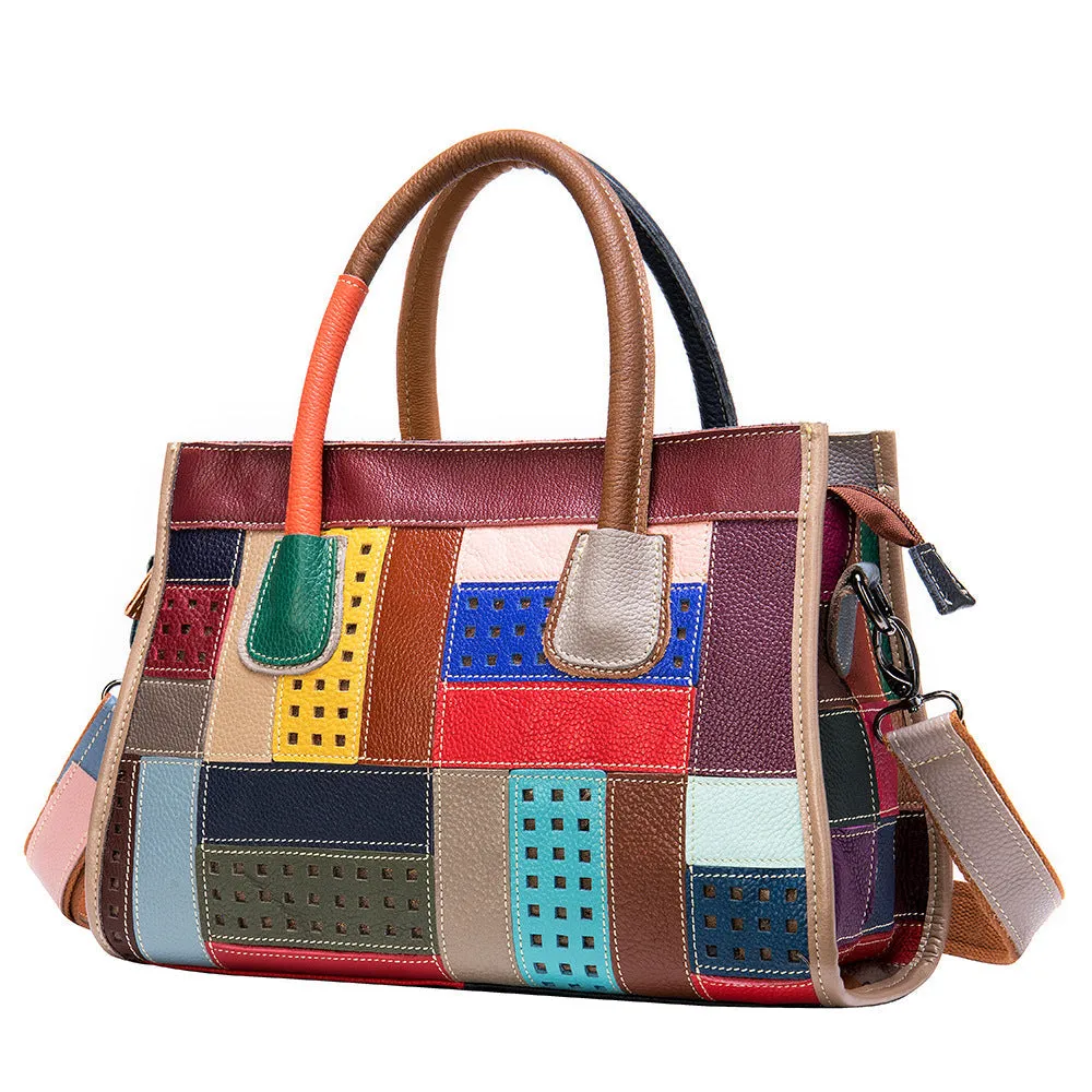 Ethnic Style Womens Spliced Leather Leather Satchel Handbags Cross Over Shoulder Purse