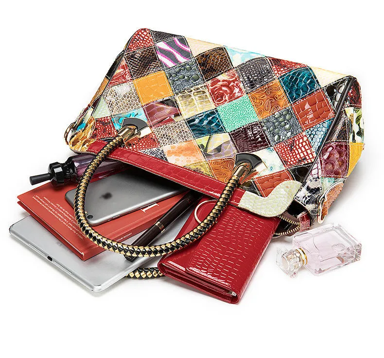 Ethnic Style Womens Spliced Leather Leather Satchel Handbags Cross Over Shoulder Purse