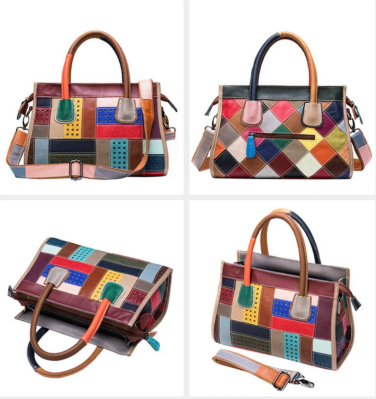 Ethnic Style Womens Spliced Leather Leather Satchel Handbags Cross Over Shoulder Purse