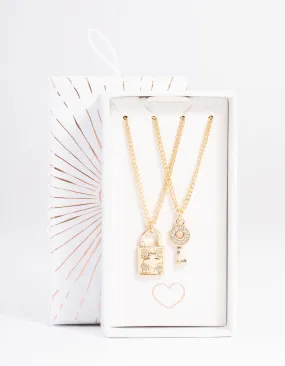 Gold Diamante Lock & Key Necklace Pack