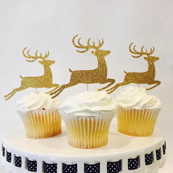 Gold Glitter "Reindeer", Pack of 10 Cupcake Toppers