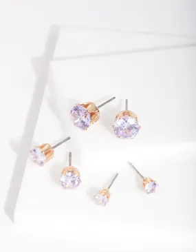 Gold Purple Cubic Zirconia Graduating Stud Earring Pack