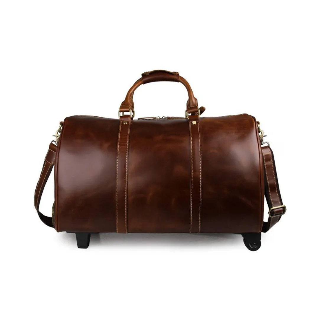 Handmade Vintage Full Grain Leather Large Travel Bag With Wheels
