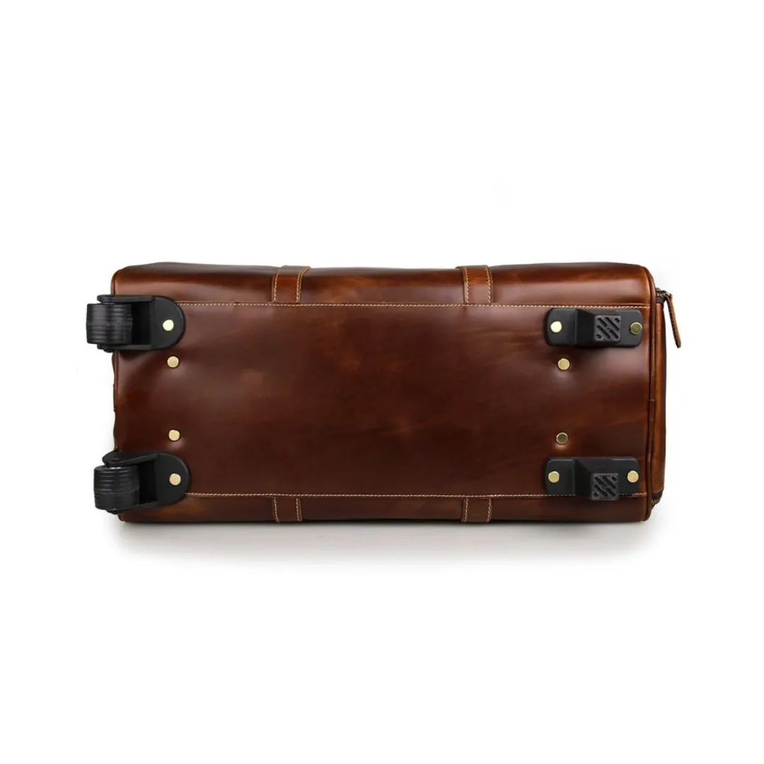 Handmade Vintage Full Grain Leather Large Travel Bag With Wheels