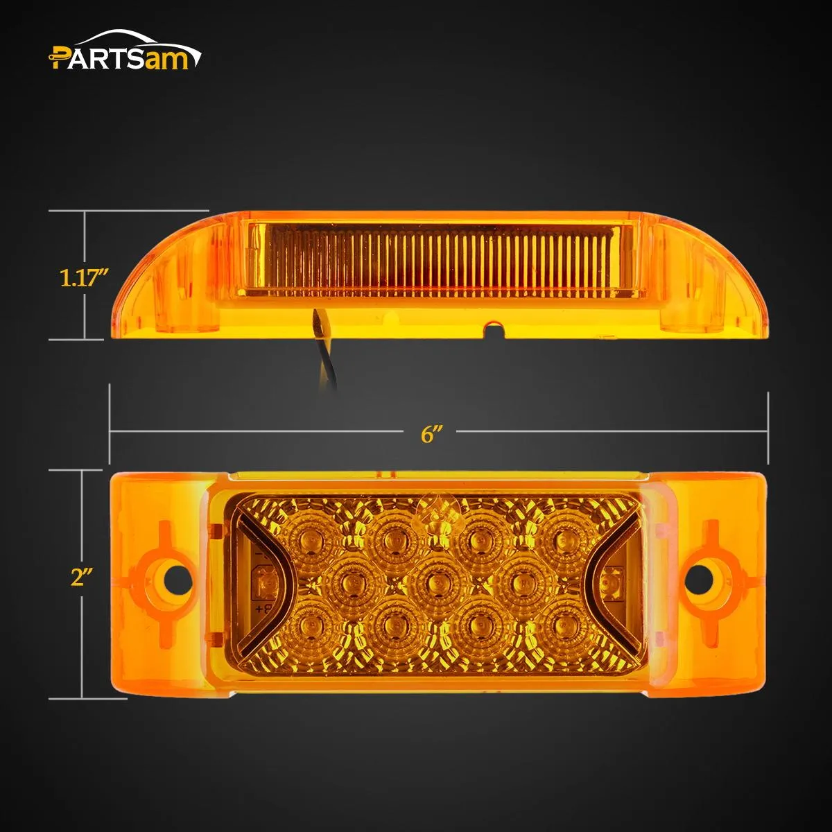 Partsam Amber Lens 2" x 6" rectangular 13 diode LED marker light w/reflector Surface Mount, Multi Faceted 6x2 Rectangle Led Truck and Trailer Side Marker and Clearance Lights (Pack of 10)