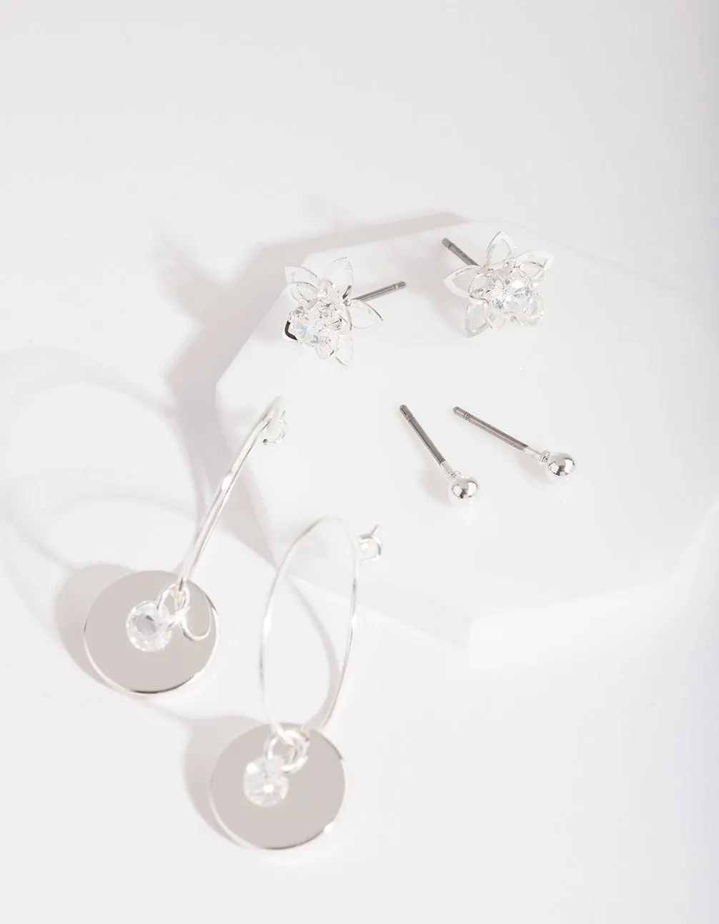 Silver Cubic Zirconia Flower and Hoop Disc Earring 3 Pack