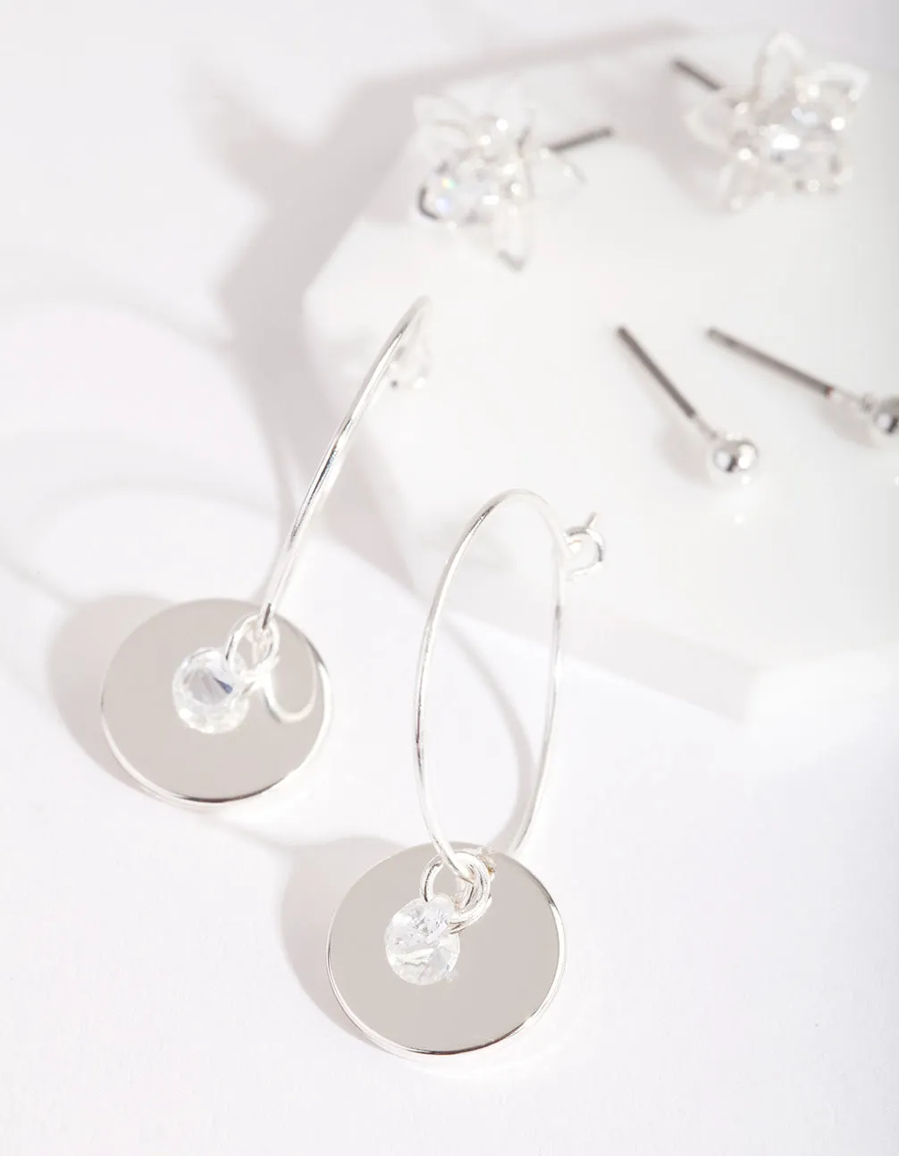 Silver Cubic Zirconia Flower and Hoop Disc Earring 3 Pack