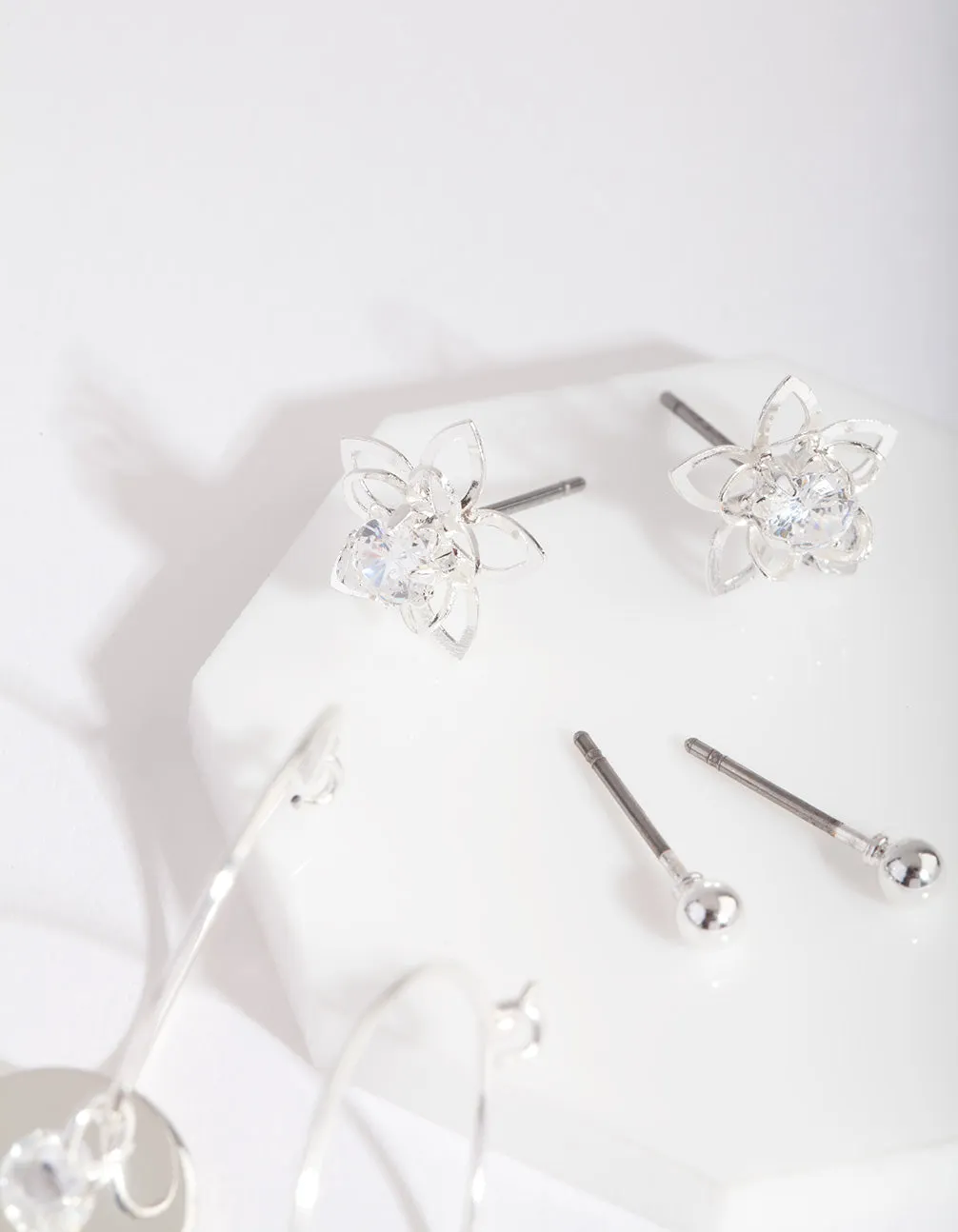 Silver Cubic Zirconia Flower and Hoop Disc Earring 3 Pack