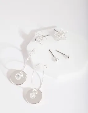 Silver Cubic Zirconia Flower and Hoop Disc Earring 3 Pack