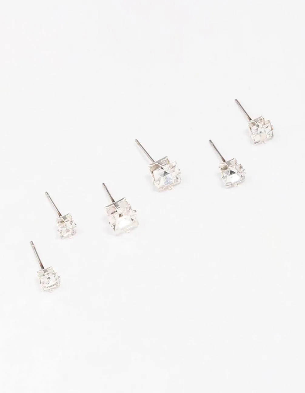 Silver Diamante Square Stud Earring 3-Pack