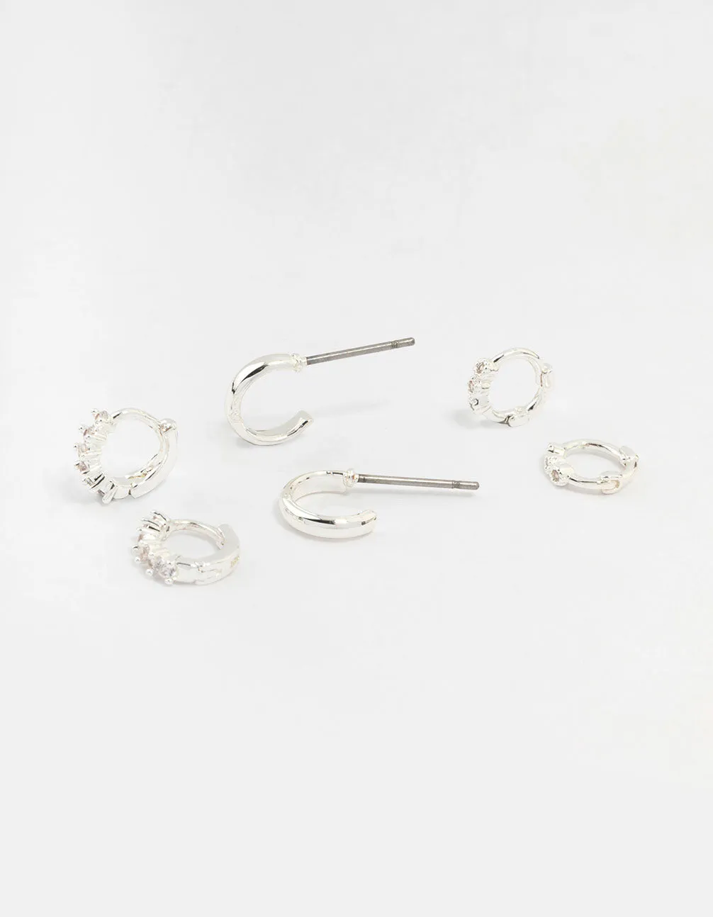 Silver Mixed Diamante Huggie Hoop Earrings 3-Pack