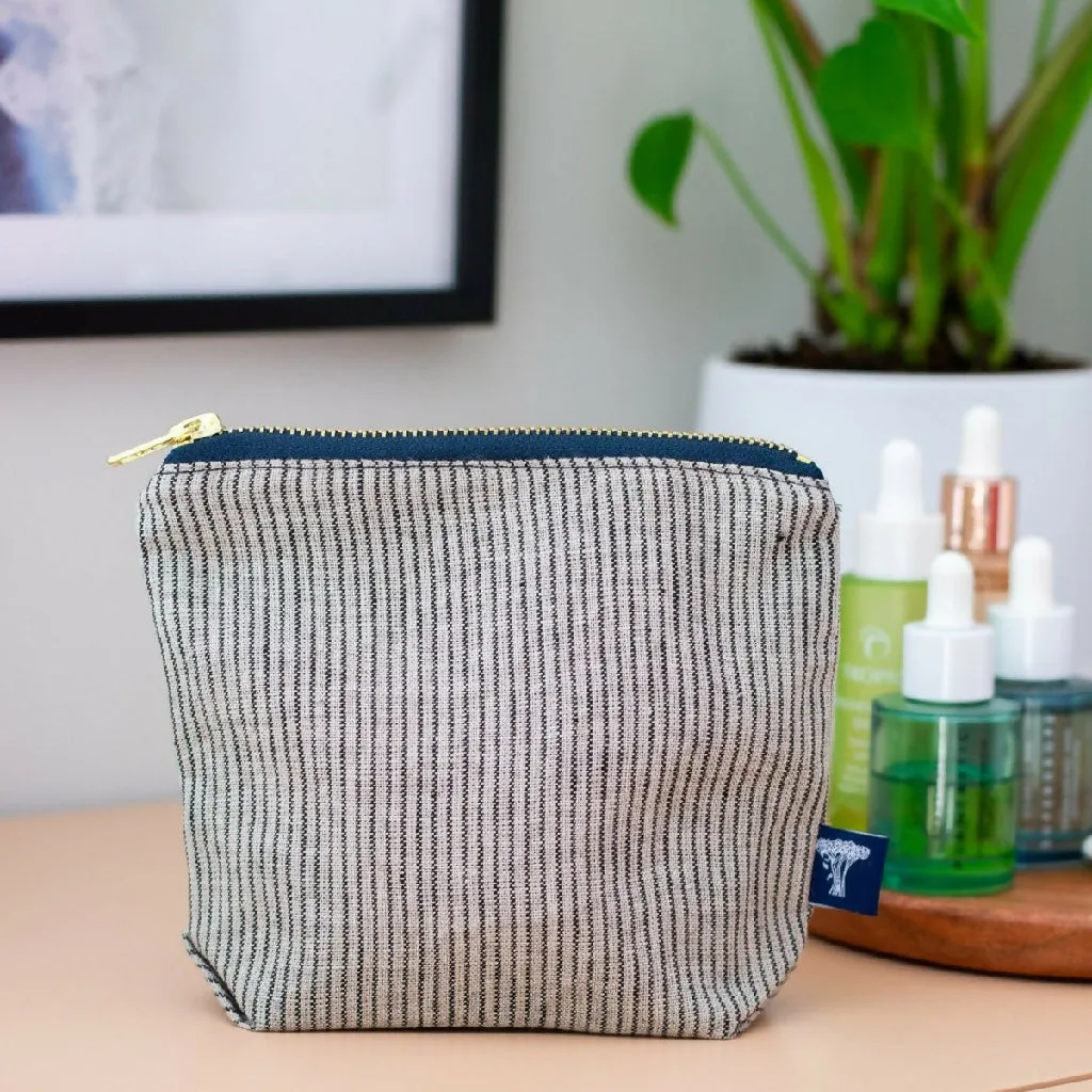 Striped Blue/Natural Linen MakeUp Bag