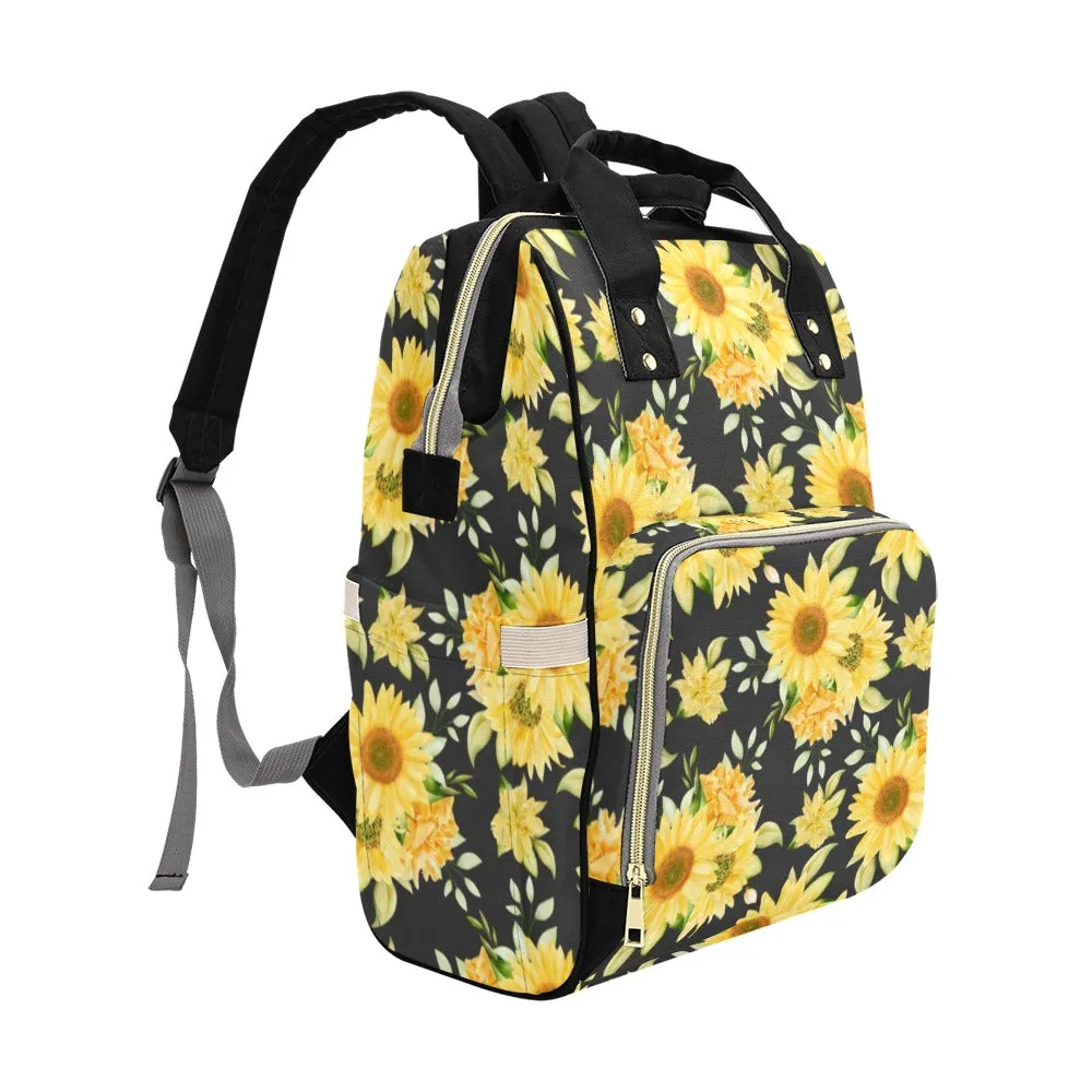 Sunflower Diaper Bag Backpack, Yellow Flowers Baby Boy Girl Waterproof Insulated Pockets Stylish Mom Dad Designer Men Women Multipurpose