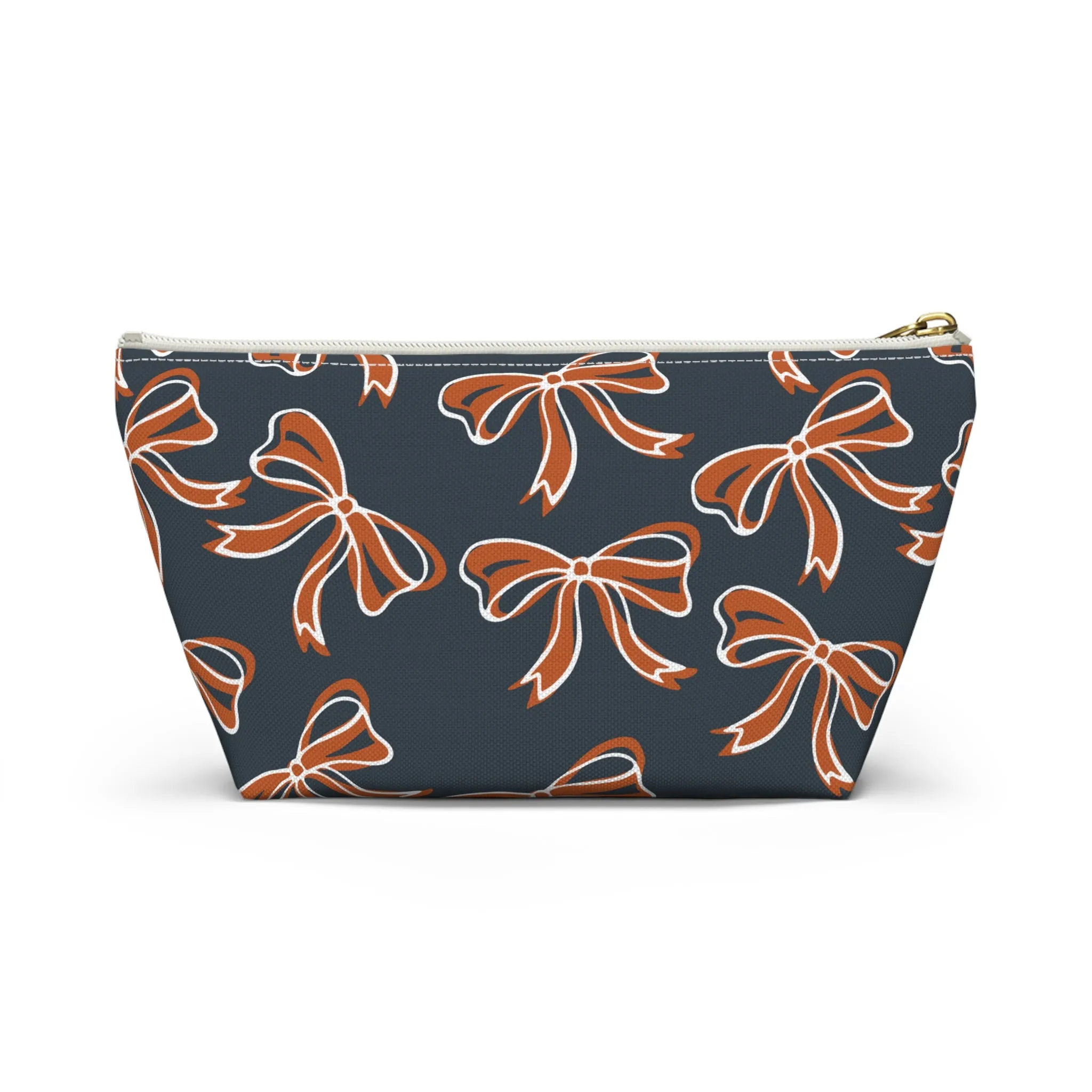 Trendy Bow Makeup Bag - Graduation Gift, Bed Party Gift, Acceptance Gift, College Gift, Texas, Burnt Orange and White