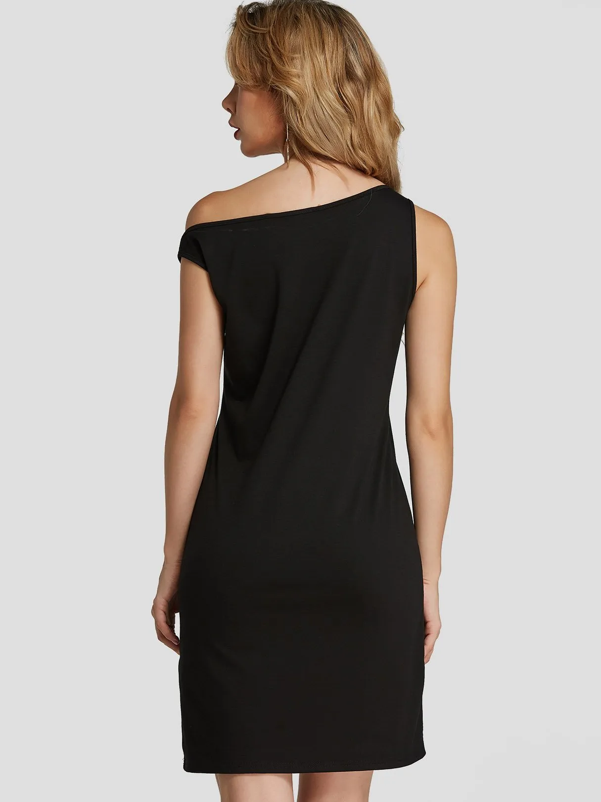 Wholesale Black One Shoulder Sleeveless Plain Mini Dresses