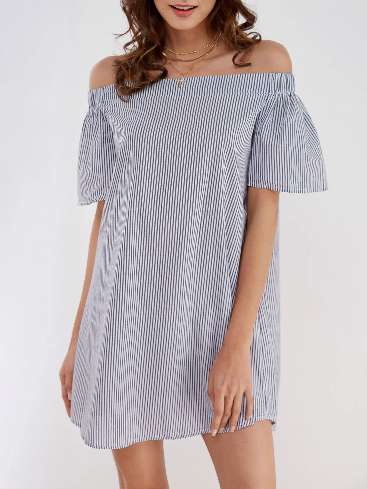 Wholesale Navy Off The Shoulder Short Sleeve Stripe Mini Dresses